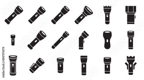 Diverse set of black flashlight icons featuring various models and shapes for emergency and outdoor use, presented as a collection of simple glyphs and minimalist silhouettes