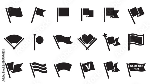 Collection of black flag silhouette icons in various shapes and styles, including pennants, waving banners, and symbols like a heart and star for graphic design elements