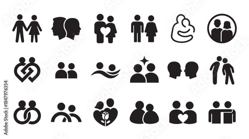 Collection of black couple and relationship icons showing love, partnership, and human connection in a minimalist silhouette style for graphic design and web interface elements