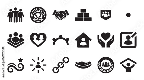 Collection of black glyph icons representing community, teamwork, relationship, and support concepts like family, partnership, and connection in a minimalist vector style