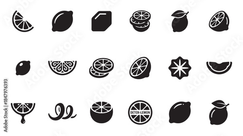 Black lemon fruit icons and citrus symbols in a minimalist glyph set showing whole, sliced, and juiced fruit for graphic design and web interface