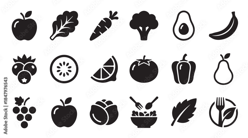 Fototapeta premium Collection of black healthy food icons featuring fruits and vegetables like apple, carrot, and avocado in a minimalist glyph style for nutrition and diet concepts