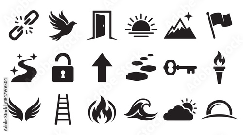 Set of black silhouette icons representing motivation, success, freedom, and personal growth with symbols like a key, mountain, wings, and open door for business concepts
