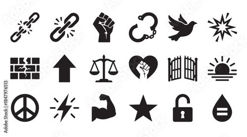 Collection of black silhouette icons representing freedom, protest, and liberation, featuring a broken chain, raised fist, scales of justice, and a peace symbol in a flat vector style