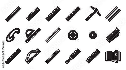 Collection of black glyph icons representing various measuring tools like rulers, a T-square, French curve, and tape measure used for design, drafting, and sewing