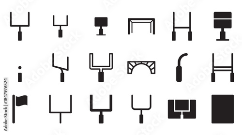Diverse collection of black goalpost icons and sports silhouettes in a minimalist vector style, featuring various designs for American football and rugby equipment