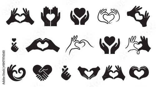 Collection of black hand heart icons showing various gestures of love, care, and charity, featuring finger hearts, cupped hands, and handshakes in a minimalist vector silhouette style