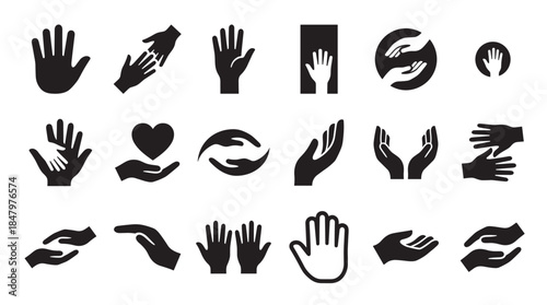 Set of black hand icons and silhouettes representing charity, care, support, community, and social help in a minimalist flat vector style collection of various gestures