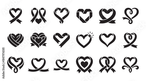 Large set of black ribbon hearts in various graphic styles, including simple loops, awareness symbols, and ornate curls, representing love, charity, and romantic celebration