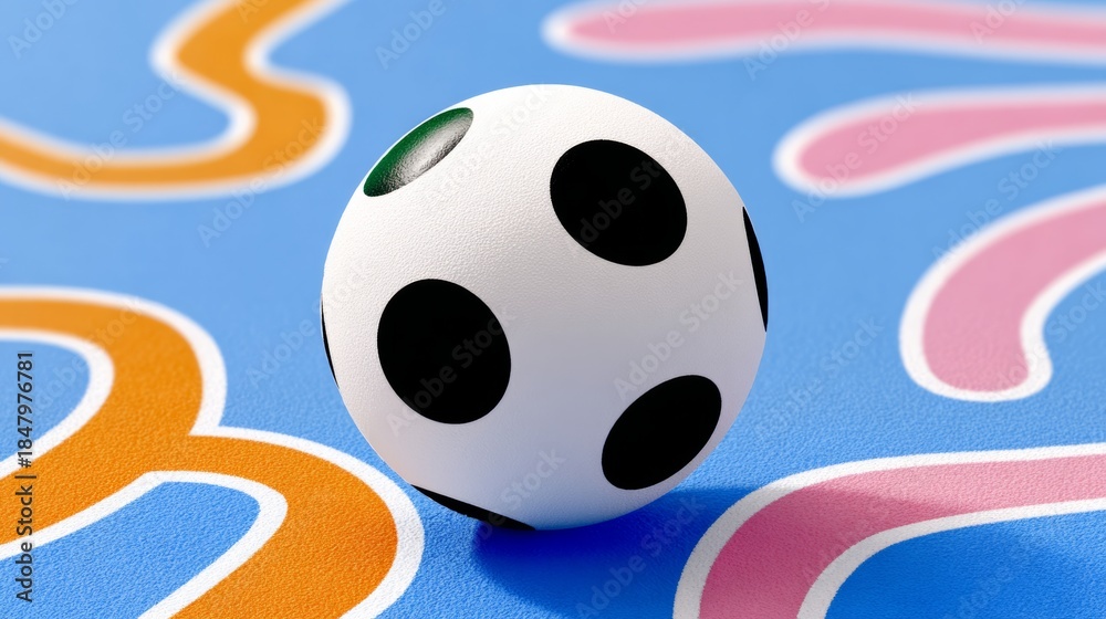 Naklejka premium A white and black soccer ball is on a blue background with orange and pink lines. The ball is the main focus of the image, and the colors of the background and lines create a playful and colorful mood