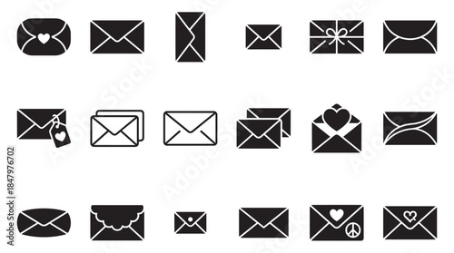 Collection of black envelope vector icons in various styles, including open letters, love messages with hearts, and simple mail glyphs for communication concepts