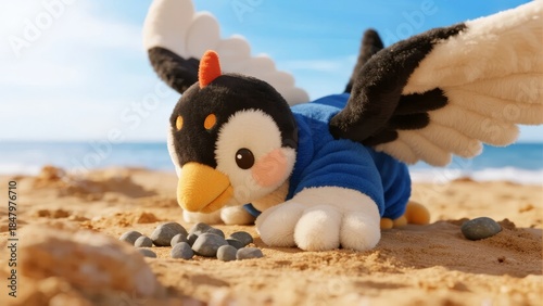 Stuffed penguin toy lying on sandy beach near pebbles with ocean and sky in background