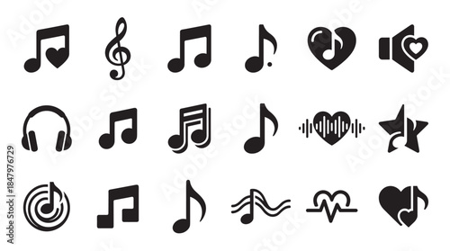 Collection of black music and audio icons featuring musical notes, a treble clef, headphones, and heart shapes for love and romance themes in a flat glyph style