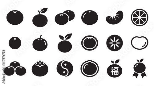 Collection of black fruit icons representing oranges, tangerines, and persimmons for Asian celebrations, featuring glyphs and symbols like yin-yang in a minimalist vector style