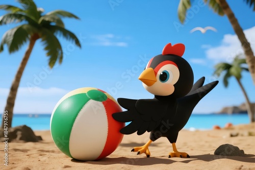 A cartoon bird plays with a beach ball on a sandy tropical shore with palm trees and ocean in the background.