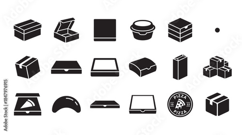 Black glyph icon set of various packaging boxes for delivery and food service, including pizza containers, cardboard parcels, and takeout cartons in a minimalist vector style