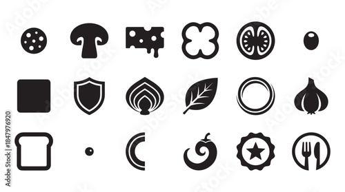 Set of black food ingredient icons featuring mushroom, cheese, tomato, and pepper for cooking or restaurant menus in a minimalist graphic vector style
