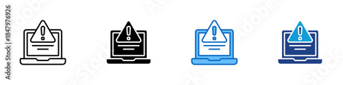 Device Warning Multiple Style Icon Design Vector - Laptop with warning symbol indicating device errors, software issues, or system notifications