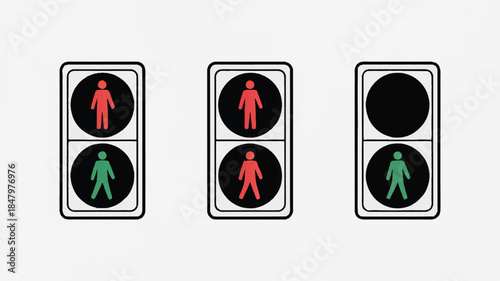A digital illustration of three pedestrian traffic signal lights against a white background 