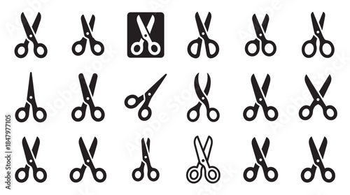 Collection of black scissor icons in various styles and shapes, representing cutting and trimming tools for graphic design elements in a minimalist silhouette vector format