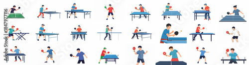 Flat design vector set of people playing table tennis (ping pong), illustrating various poses, actions, and gameplay elements on different color tables.