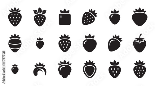 Collection of black strawberry vector icons showing different graphic design styles from simple flat silhouettes to modern abstract fruit shapes and detailed berry symbols