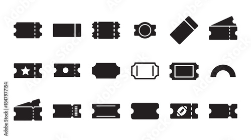 Collection of black ticket and coupon icons in various shapes and styles, including sports, cinema, and event passes, presented as a minimalist graphic silhouette set for design
