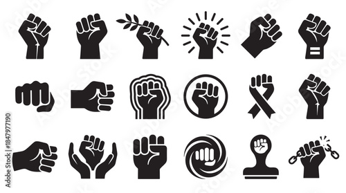 Collection of black raised fist icons representing protest, solidarity, and power in various graphic styles, including breaking chains, holding an olive branch, and with ribbons