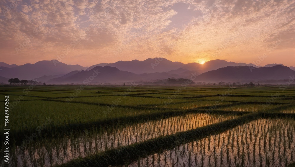Fototapeta premium Golden Sunrise Over Lush Green Rice Paddies and Distant Mountains.