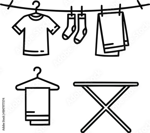 Modern Clothes Line Outline Icon Set Minimal Laundry and Drying Symbols
