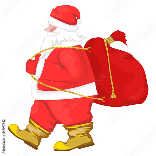 Illustration of Santa Claus carrying a large red sack of presents on his back on a white background