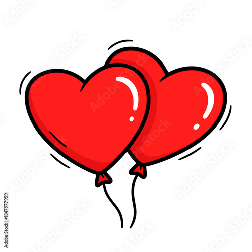 Two heart-shaped balloons floating together in a playful style  