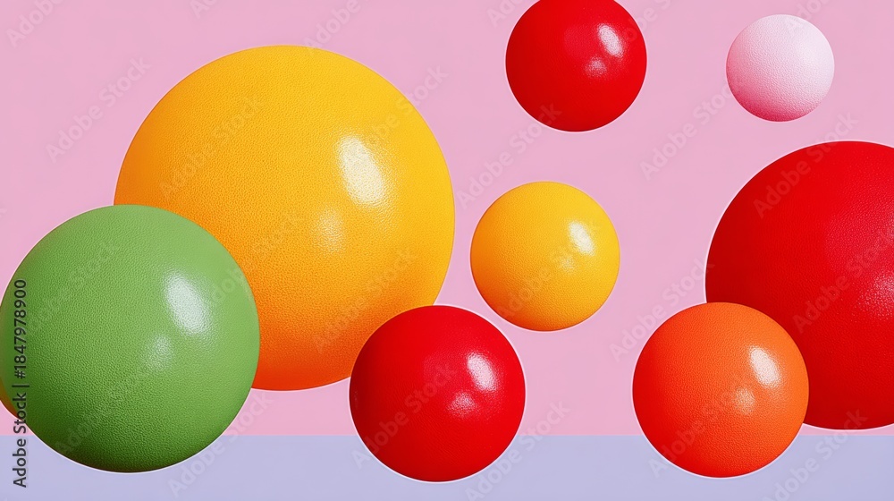 Naklejka premium A bunch of colorful balls are floating in the air. The balls are of different colors, including green, yellow, and red. Concept of playfulness and fun, as the balls seem to be bouncing
