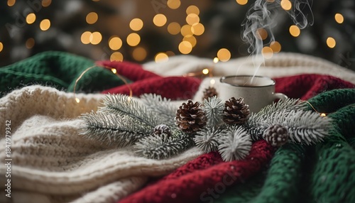 Cozy Christmas Hot Drink Winter Warmth Festive Bokeh Lights.