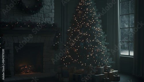 Cozy Christmas Tree with Lights  Fireplace Winter Evening.
