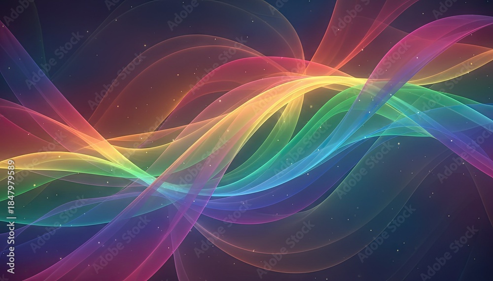 Fototapeta premium Abstract Rainbow Waves Seamless Pattern with Sparkling Light Particles on Dark Background