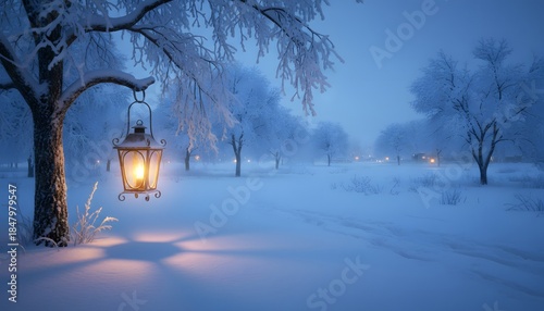 Winter Lantern Glow Snow-Covered Path Enchanting Evening.