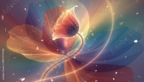 Abstract Glowing Fiery Flower With Rainbow Petals And Sparkling Particles In Soft Light