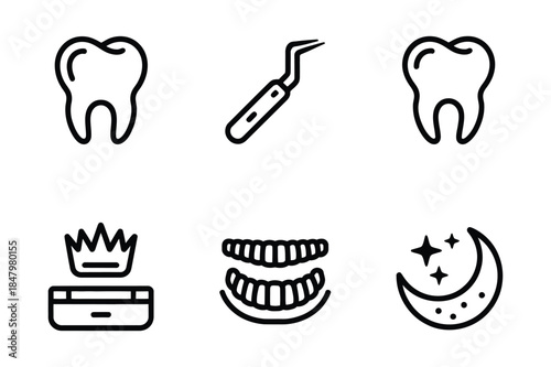 A set of black outline icons representing dental care, oral hygiene, and related tools