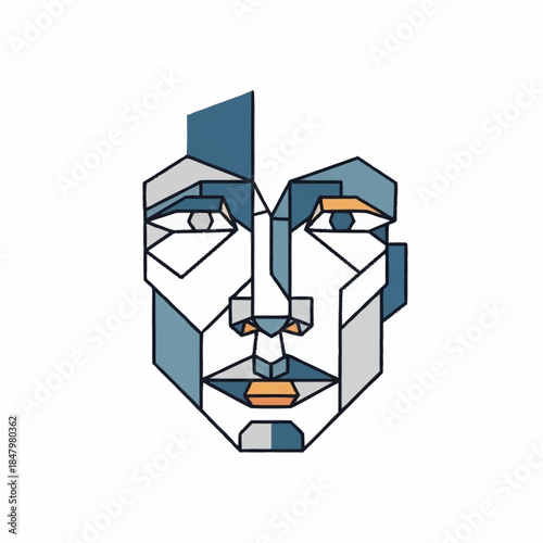 Abstract Geometric Face Art with Blue and Orange Accents.