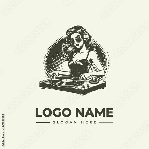 Black and white illustration of a woman DJing with headphones on a turntable against a halftone background with a logo and slogan text below.