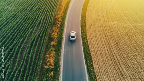 Aerial view of a white car driving down a road between a green field and a harvested field at sunset 4k video