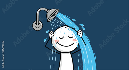 Happy and relaxed stick figure character enjoys a refreshing shower, with eyes closed and a smile, under a stream of blue water.