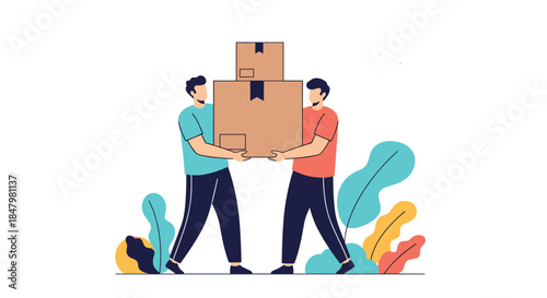 Two men work together as a team to carry a large heavy cardboard box, illustrating collaboration, moving, and teamwork.