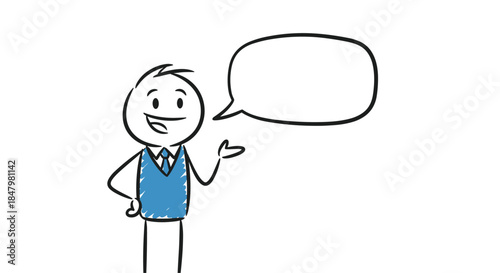 Smiling stick figure businessman in a blue vest gestures towards an empty speech bubble, ready for your custom text or message.