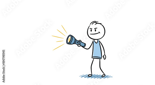 Curious stick figure character in a blue tank top walks cautiously while shining a bright flashlight beam into the darkness.