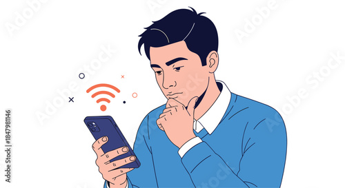 A thoughtful young man in a blue sweater looks at his smartphone with a wi-fi symbol nearby, thinking about his connection.