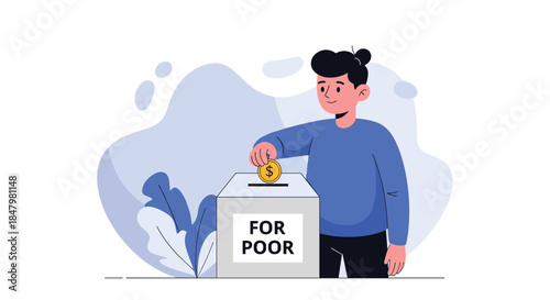 A young man kindly donates a gold dollar coin into a donation box labeled 'FOR POOR', illustrating charity and generosity.