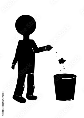 Stick figure person throwing crumpled paper into a trash bin