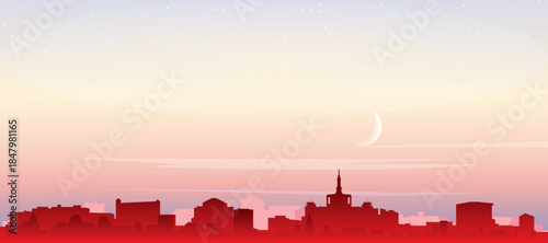 Red panoramic poster of the city skyline with misty background buildings, sunrise, moon and clouds of BUCHAREST, ROMANIA
